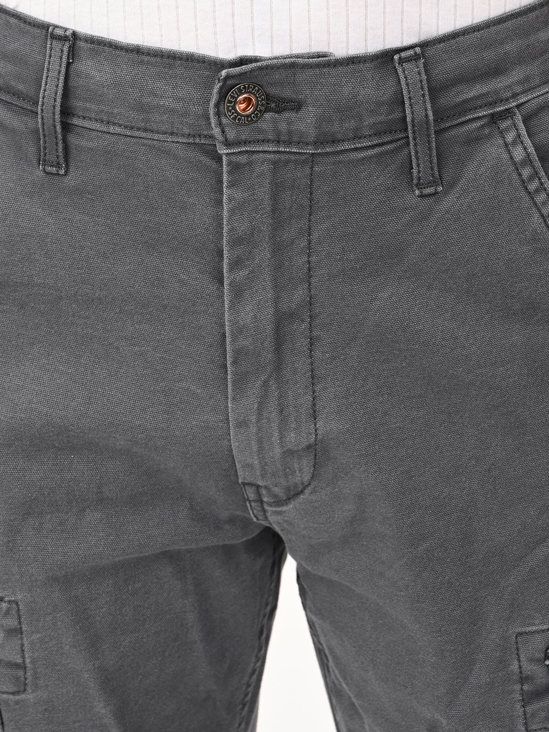 Men's Grey Tapered Fit Mid Rise Overdyed Cargos - detail View