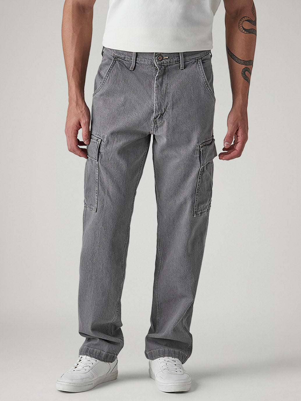 Men's 568 Grey Loose Fit Mid Rise Cargos - Front View