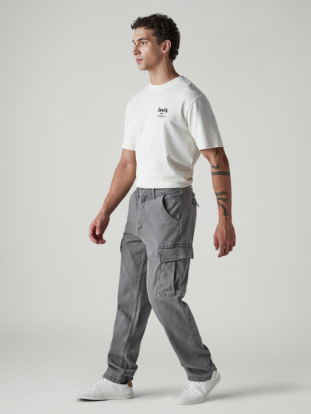 Men's 568 Grey Loose Fit Mid Rise Cargos - Side View