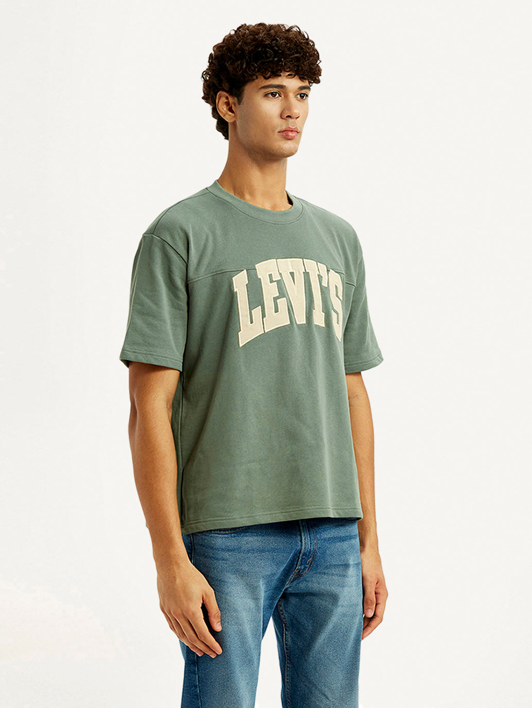 Men's Brand Logo Green Loose Fit T-shirt - Side View