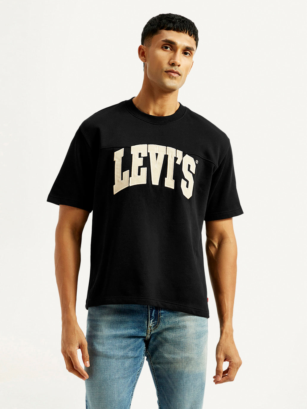 Men's Brand Logo Black Loose Fit T-Shirt - Front View