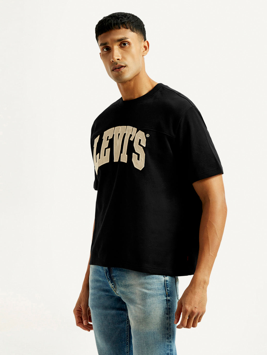 Men's Brand Logo Black Loose Fit T-Shirt - Side View