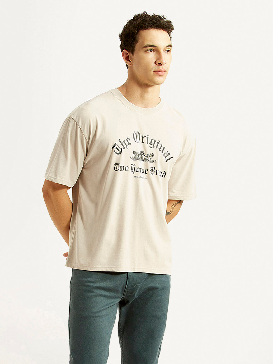 Men's Graphic Print Beige Boxy T-shirt - Styleshot View