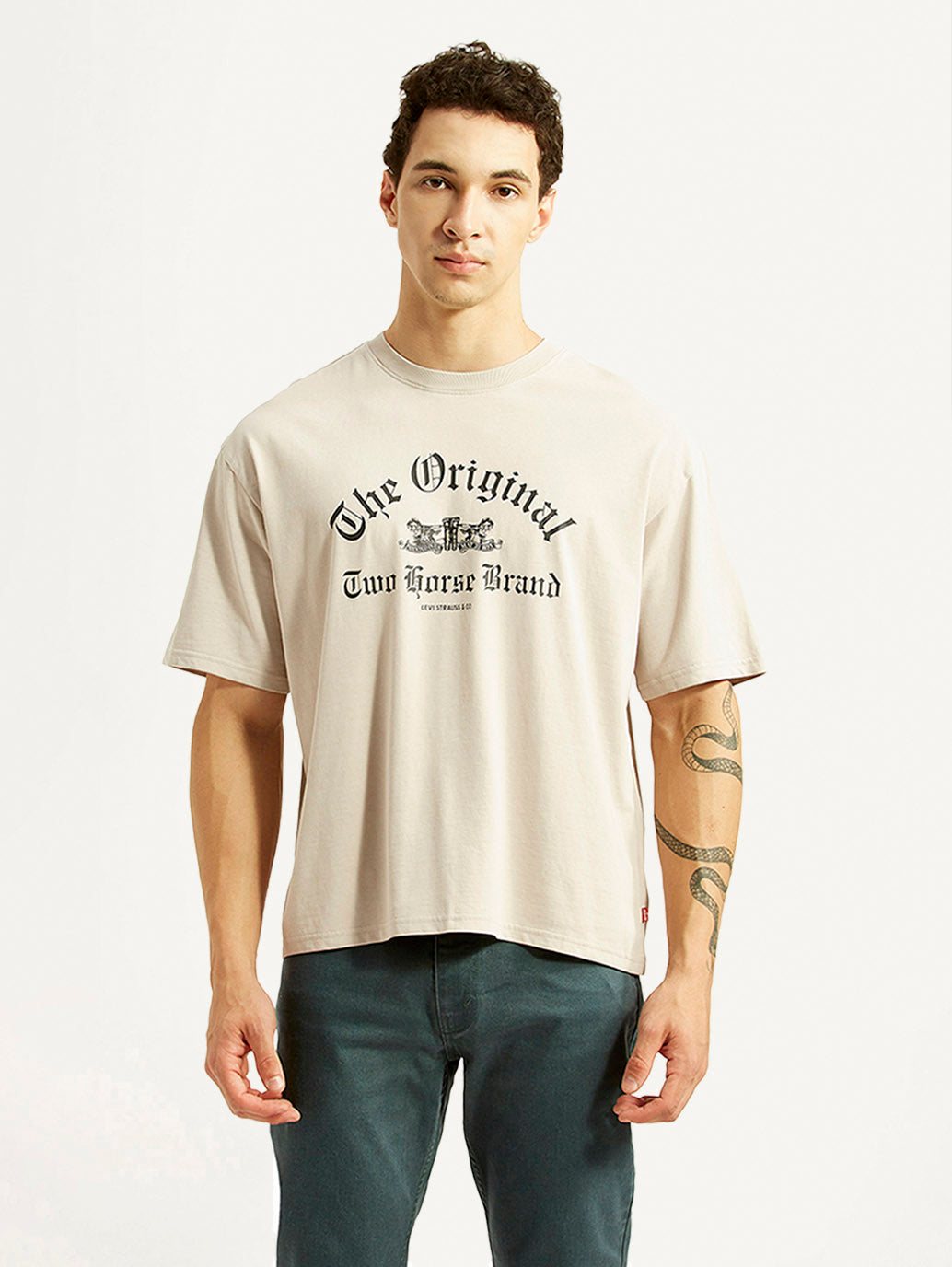 Men's Graphic Print Beige Boxy T-shirt - Front View