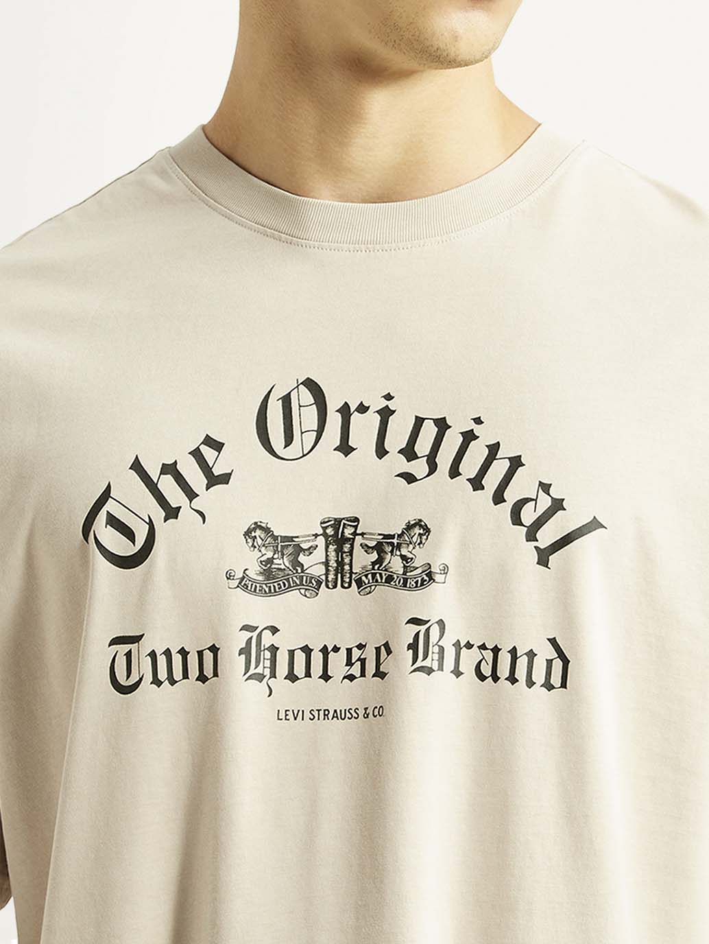 Men's Graphic Print Beige Boxy T-shirt - Detail View