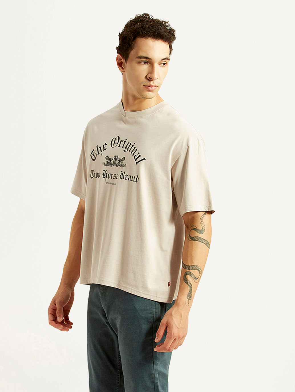 Men's Graphic Print Beige Boxy T-shirt - Side View
