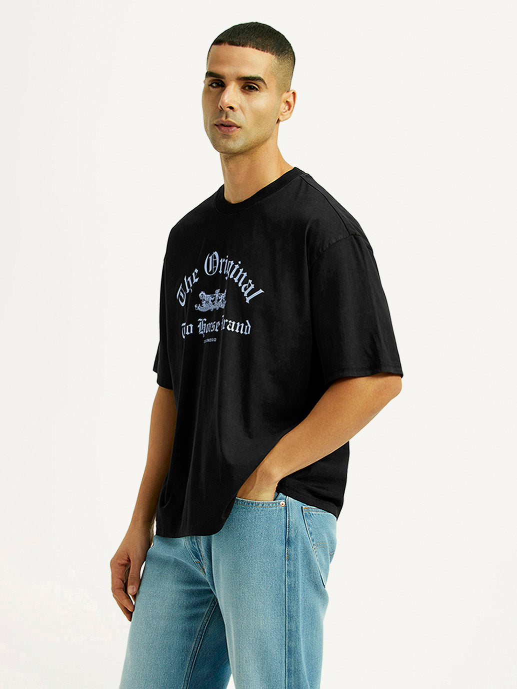 Men's Graphic Print Black Boxy T-shirt - Side View