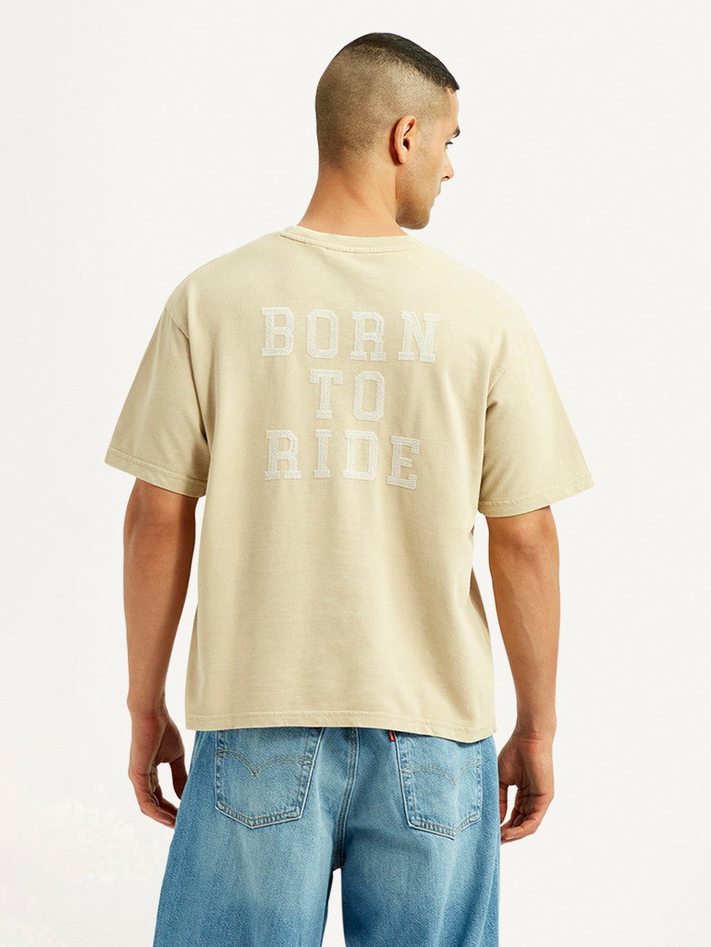 Men's Brand Logo Beige Loose Fit T-shirt - Back View