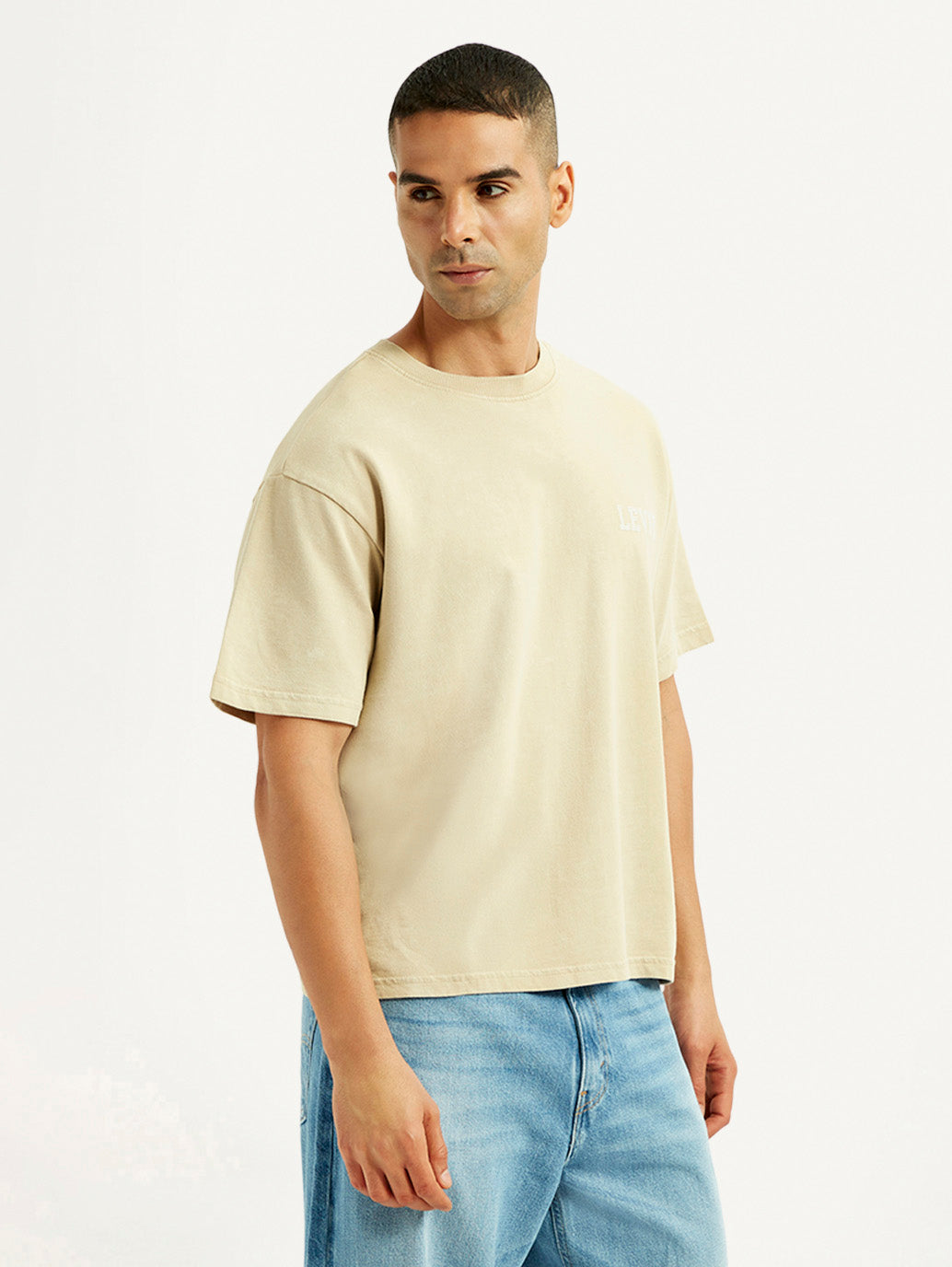 Men's Brand Logo Beige Loose Fit T-shirt - Side View
