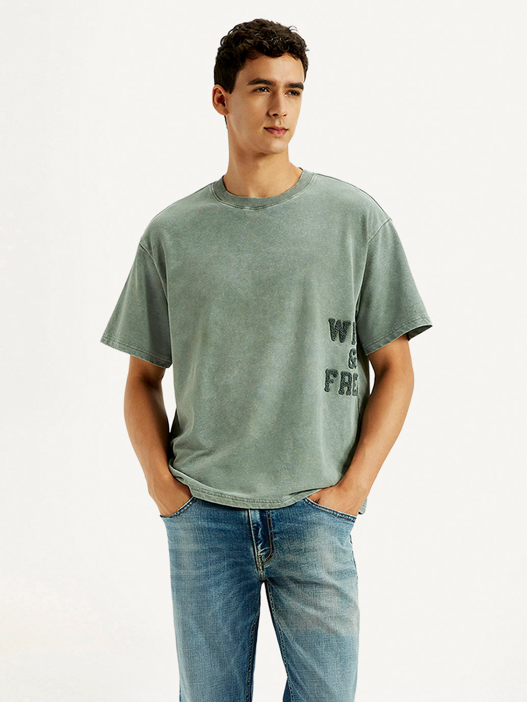 Men's Embroidered Green Boxy T-shirt - Styleshot View