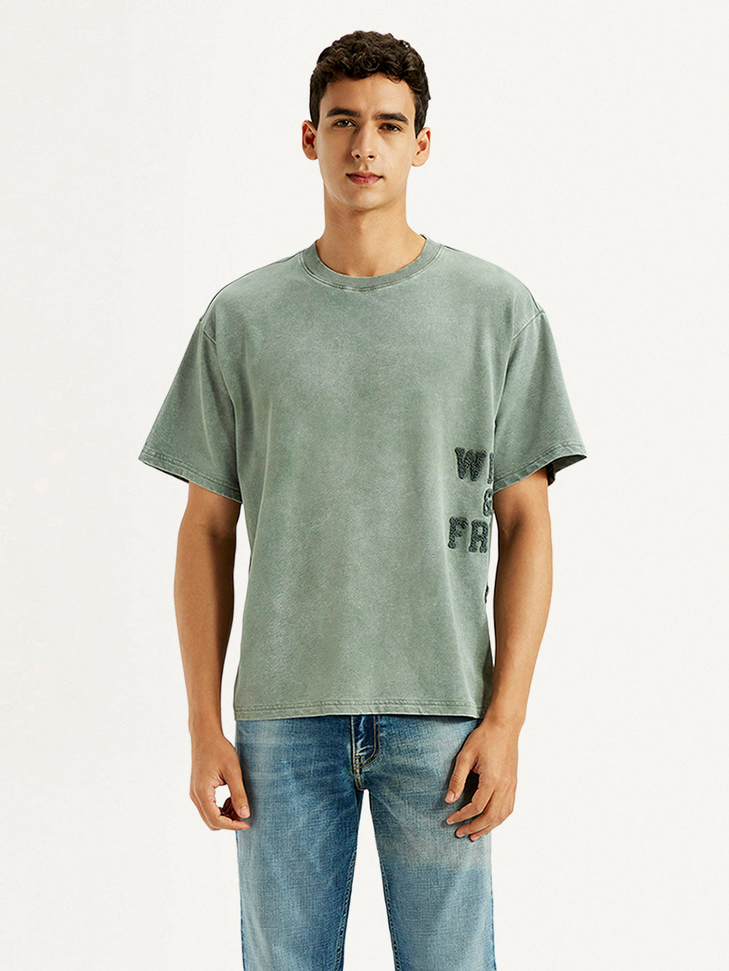 Men's Embroidered Green Boxy T-shirt - Front View