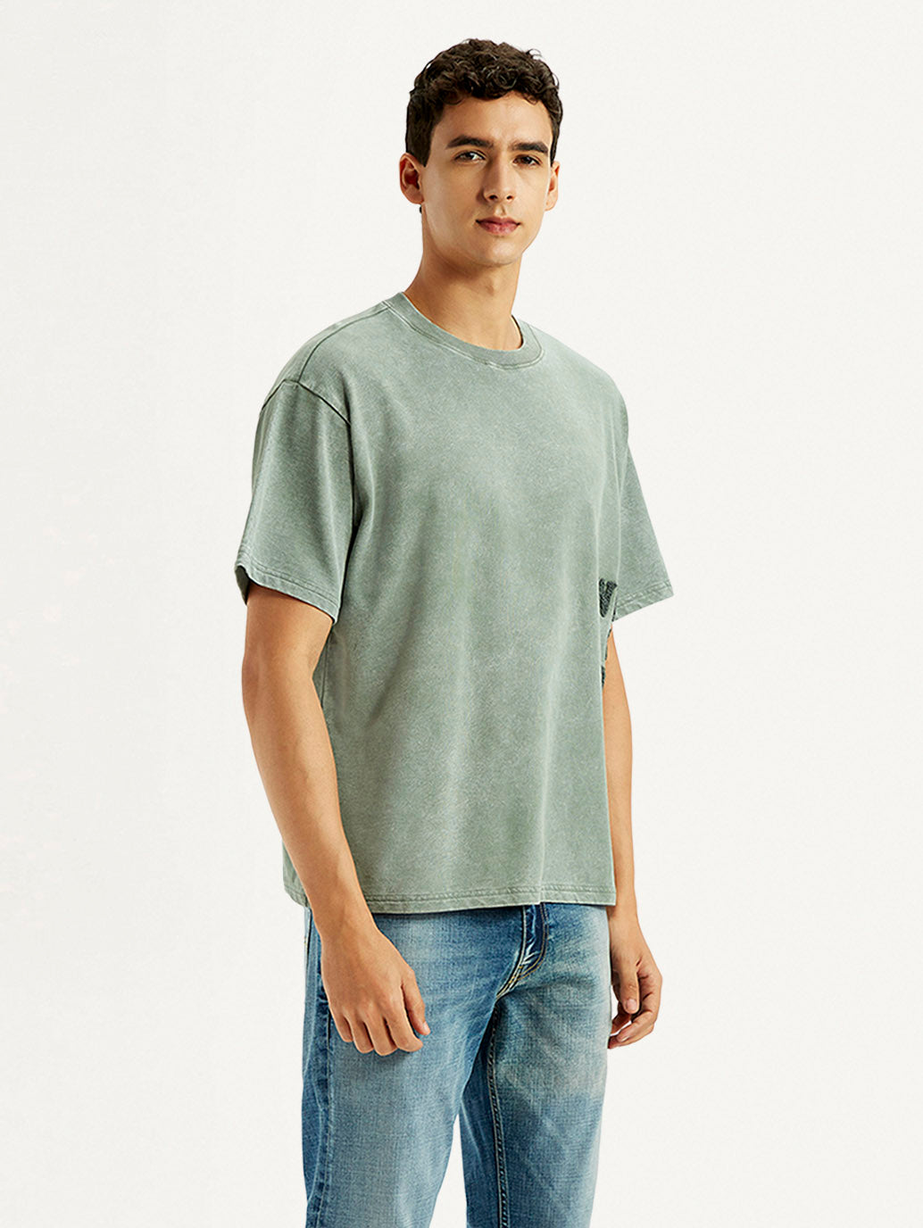 Men's Embroidered Green Boxy T-shirt - Side View