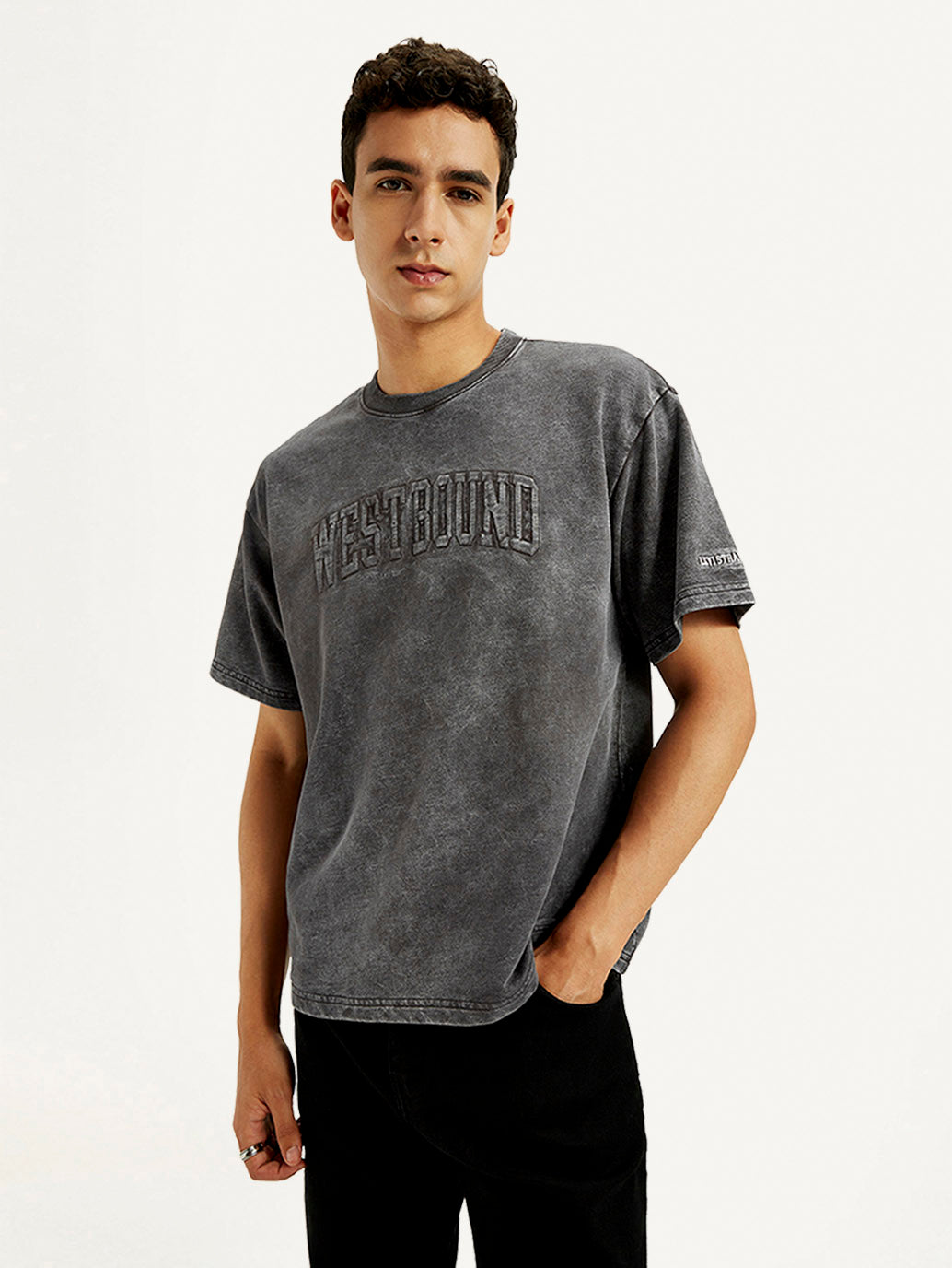 Men's Typographic Print Charcoal Grey Boxy T-shirt - Elevated View
