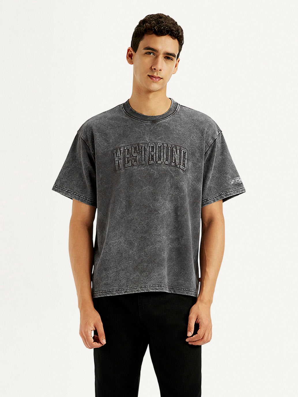 Men's Typographic Print Charcoal Grey Boxy T-shirt - Styleshot View