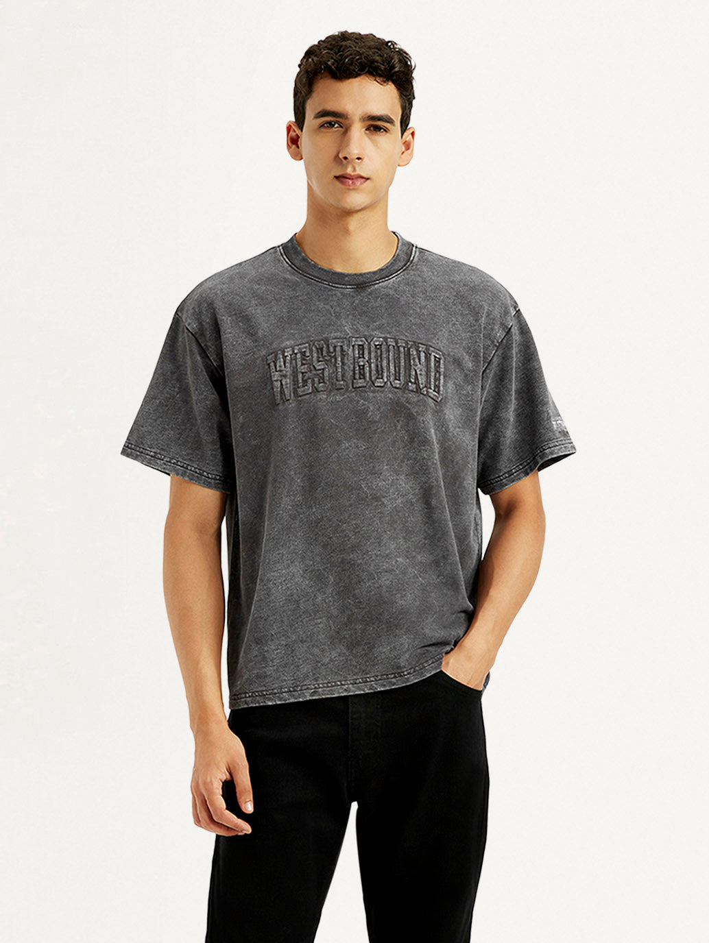 Men's Typographic Print Charcoal Grey Boxy T-shirt - Front View