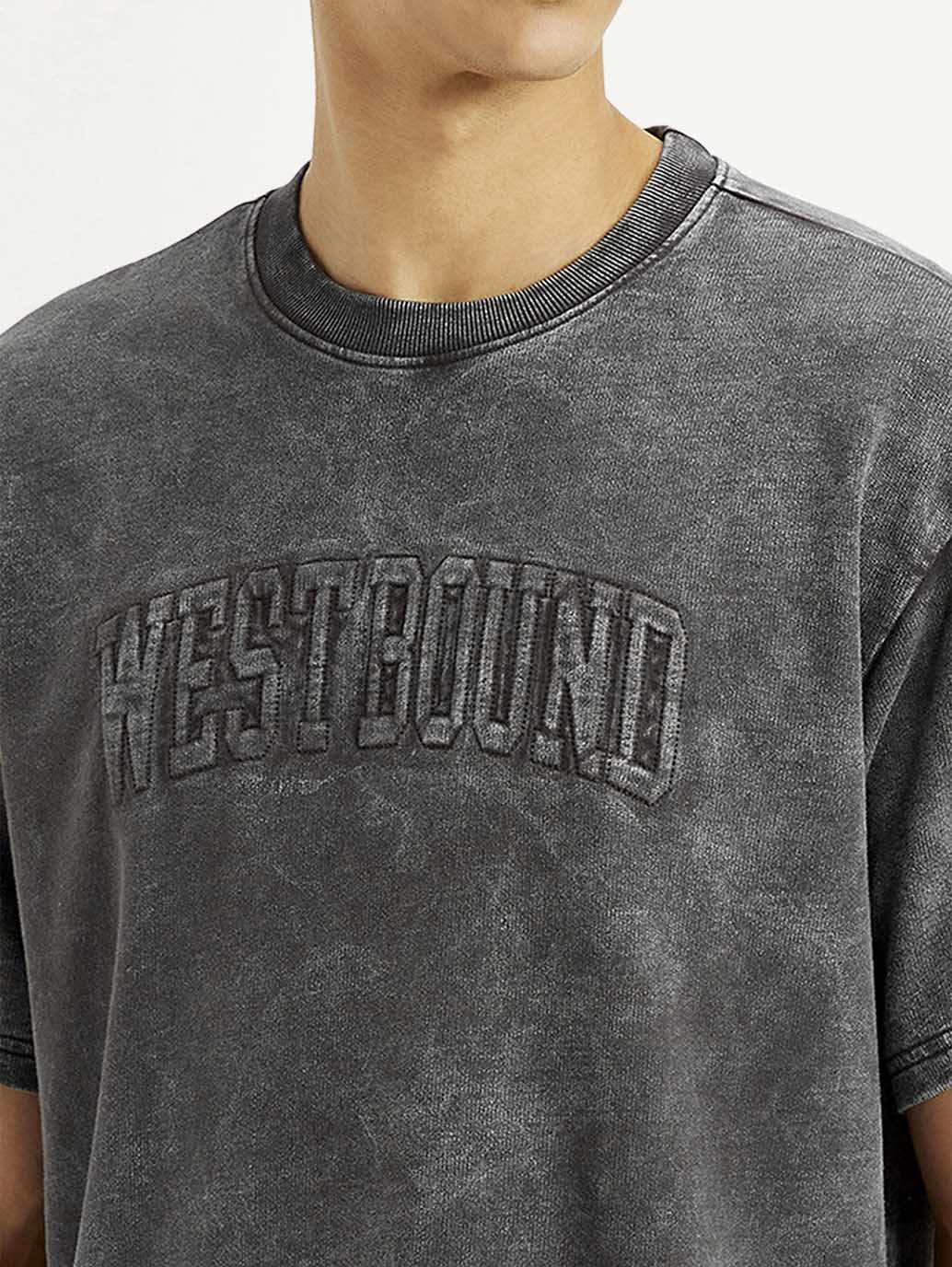 Men's Typographic Print Charcoal Grey Boxy T-shirt - Detail View
