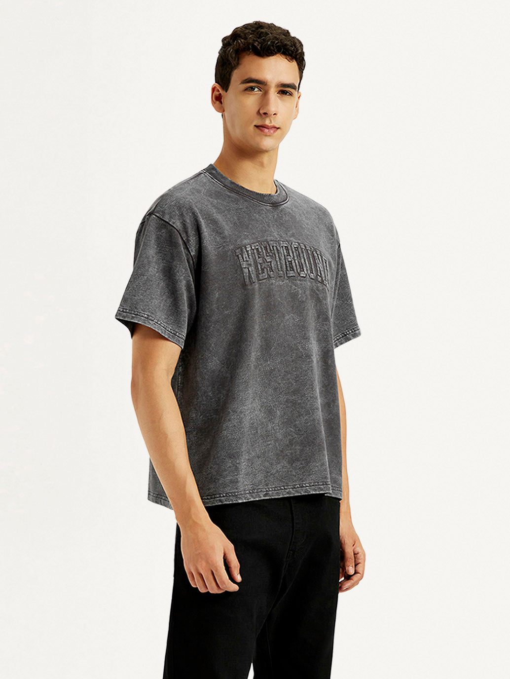 Men's Typographic Print Charcoal Grey Boxy T-shirt - Side View