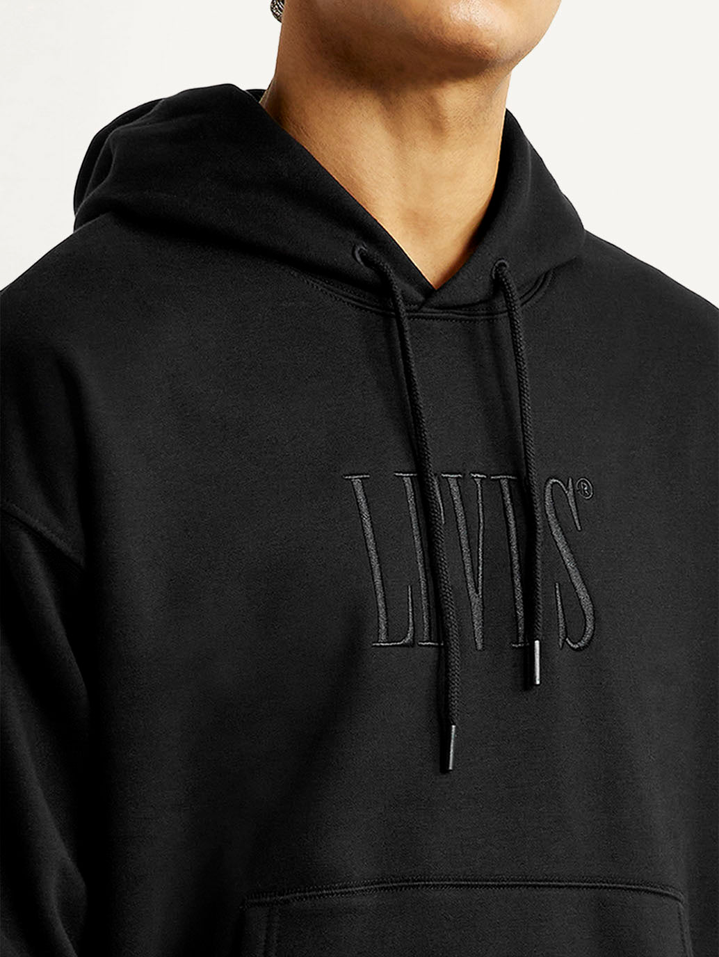 Men's Brand Logo Black Hooded Sweatshirt - Detail View