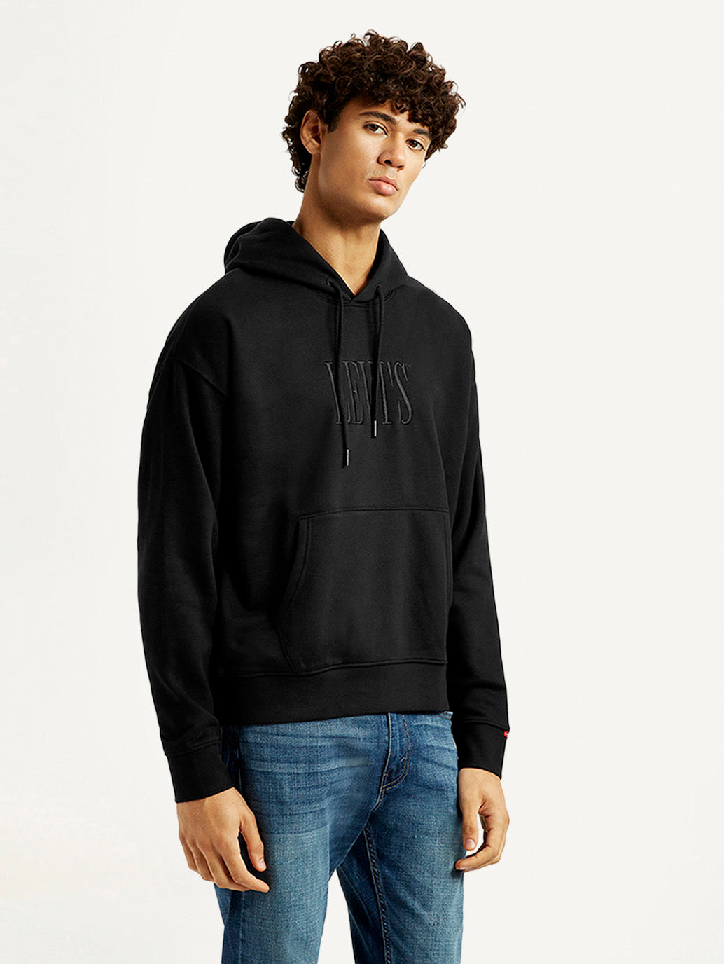 Men's Brand Logo Black Hooded Sweatshirt - Side View