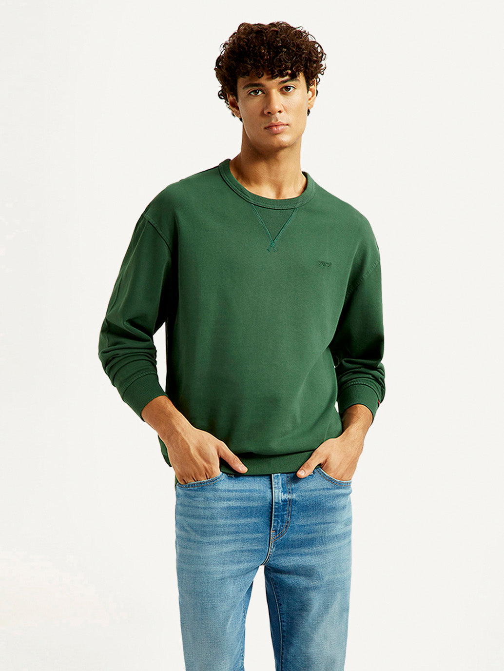 Men's Overdyed Solid Green Crew Neck Sweatshirt