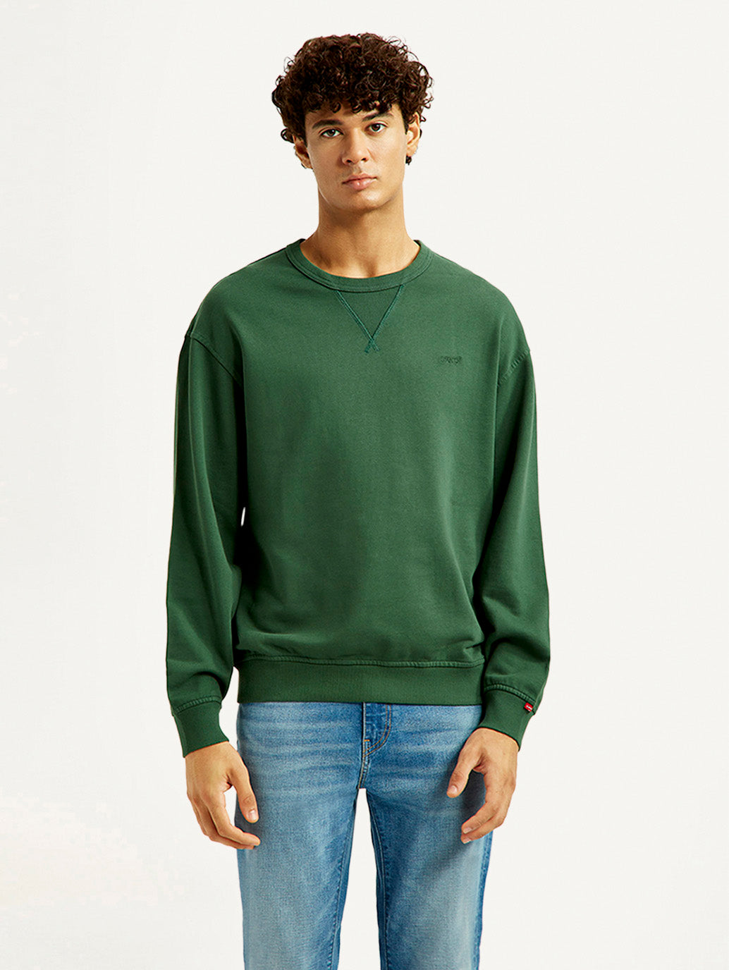Men's Overdyed Solid Green Crew Neck Sweatshirt - Front View