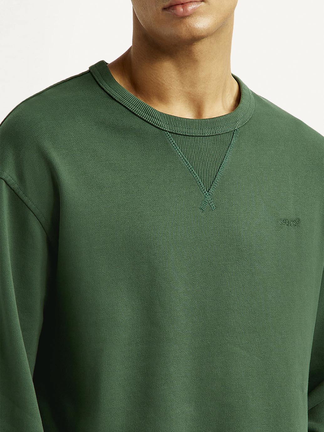 Men's Overdyed Solid Green Crew Neck Sweatshirt - Detail View