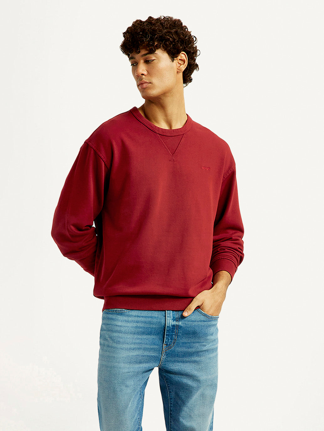Men's Overdyed Solid Red Crew Neck Sweatshirt - Styleshot View