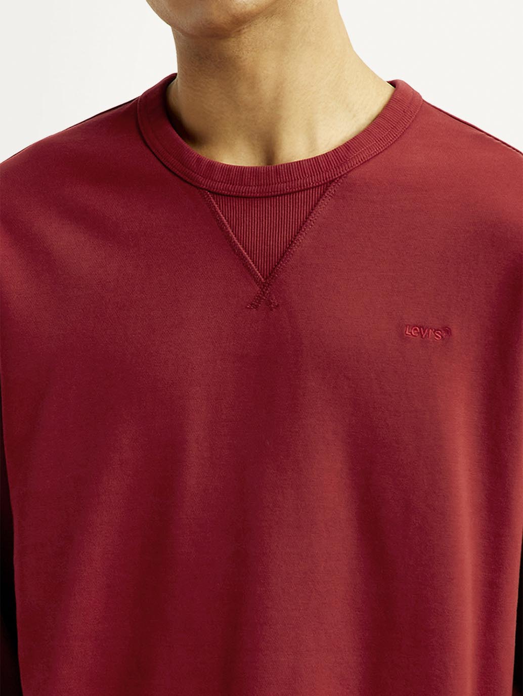 Men's Overdyed Solid Red Crew Neck Sweatshirt - Detail View