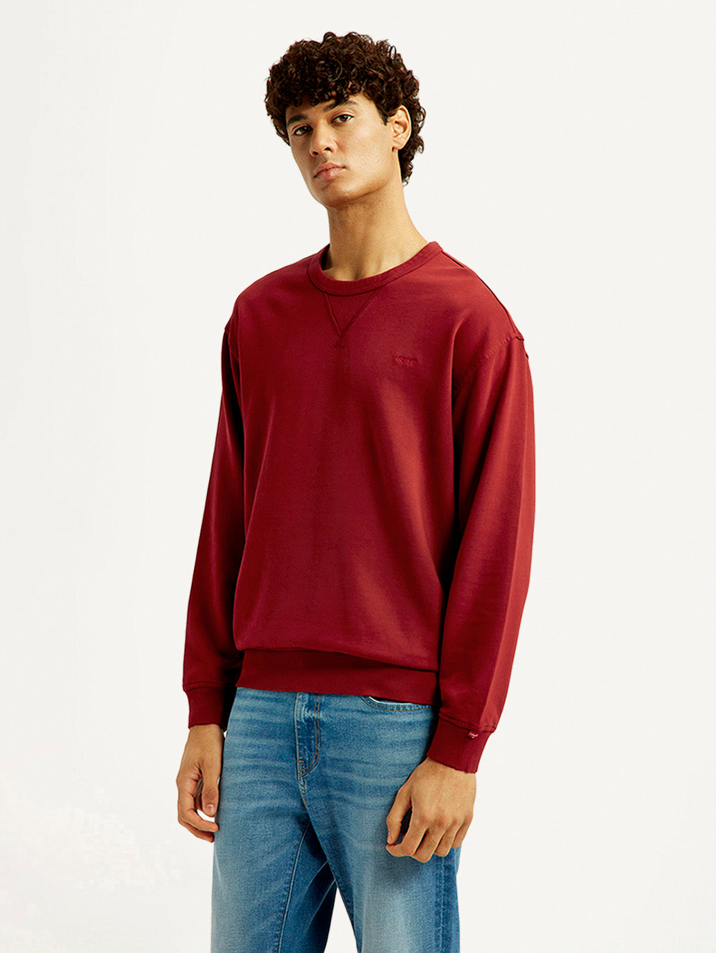 Men's Overdyed Solid Red Crew Neck Sweatshirt - Side View