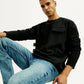 Men's Solid Black Crew Neck Sweatshirt - Elevated View