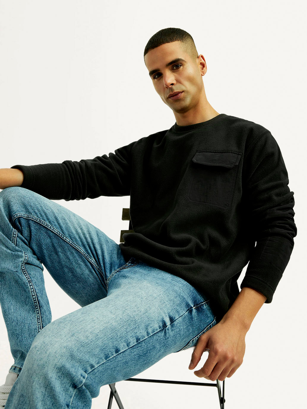 Men's Solid Black Crew Neck Sweatshirt - Elevated View
