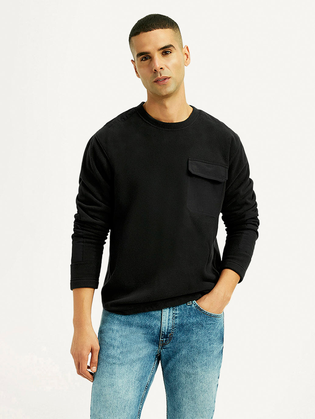 Men's Solid Black Crew Neck Sweatshirt - Styleshot View