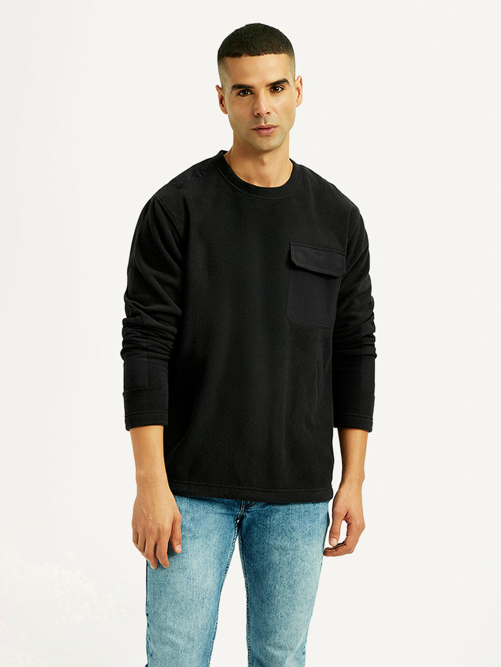 Men's Solid Black Crew Neck Sweatshirt - Front View
