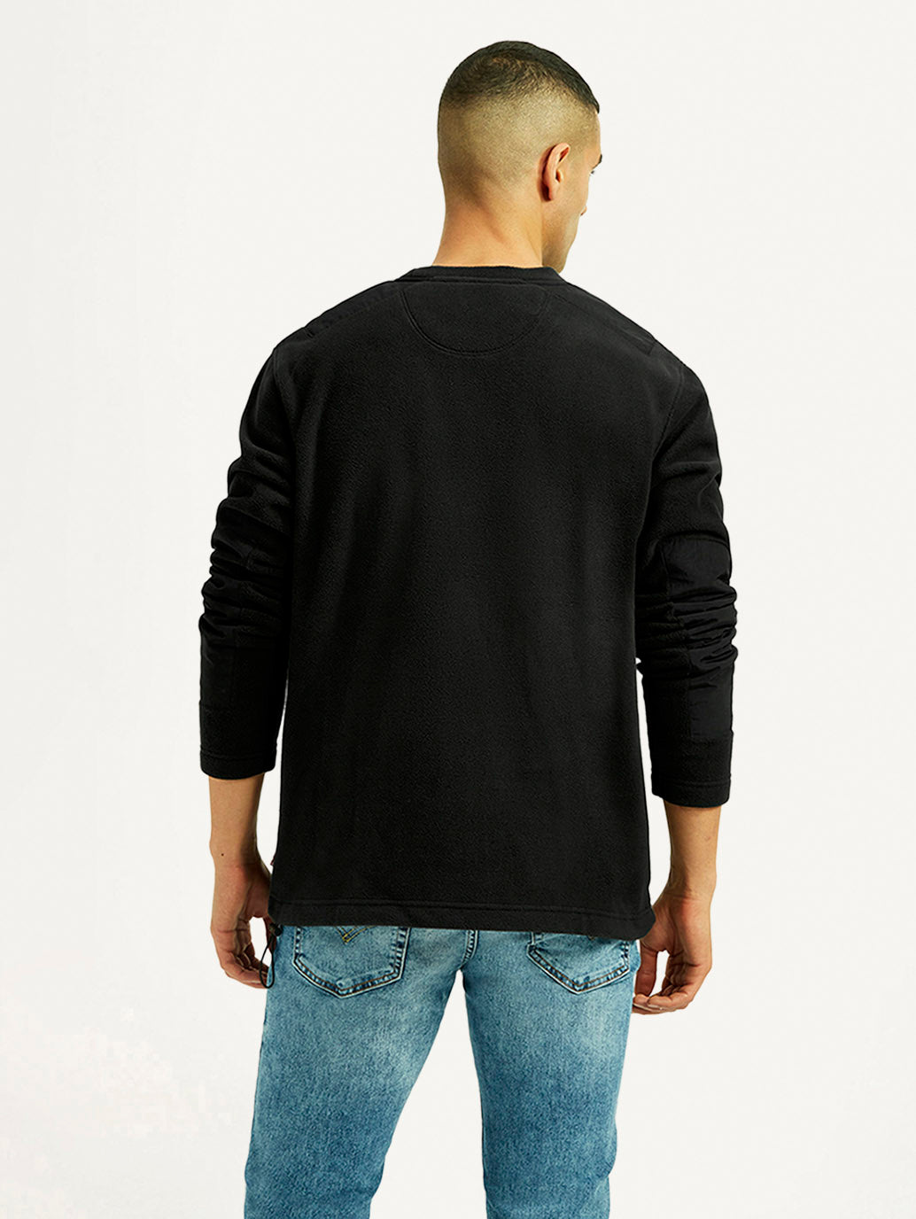 Men's Solid Black Crew Neck Sweatshirt - Back View