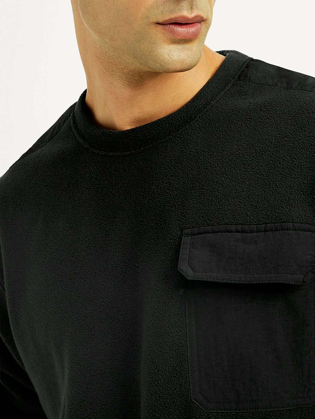 Men's Solid Black Crew Neck Sweatshirt - Detail View