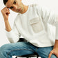 Men's Colorblock White Crew Neck Sweatshirt - Elevated View