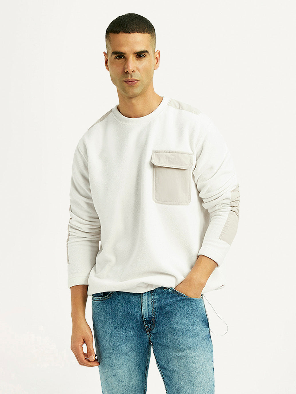 Men's Colorblock White Crew Neck Sweatshirt - Styleshot View