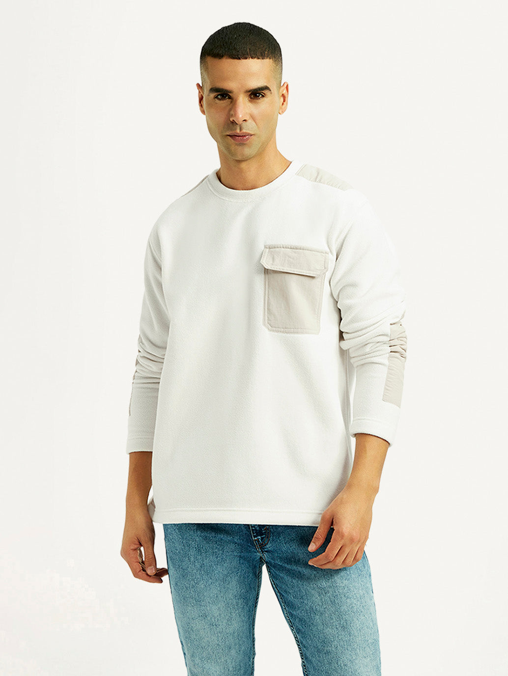 Men's Colorblock White Crew Neck Sweatshirt - Front View
