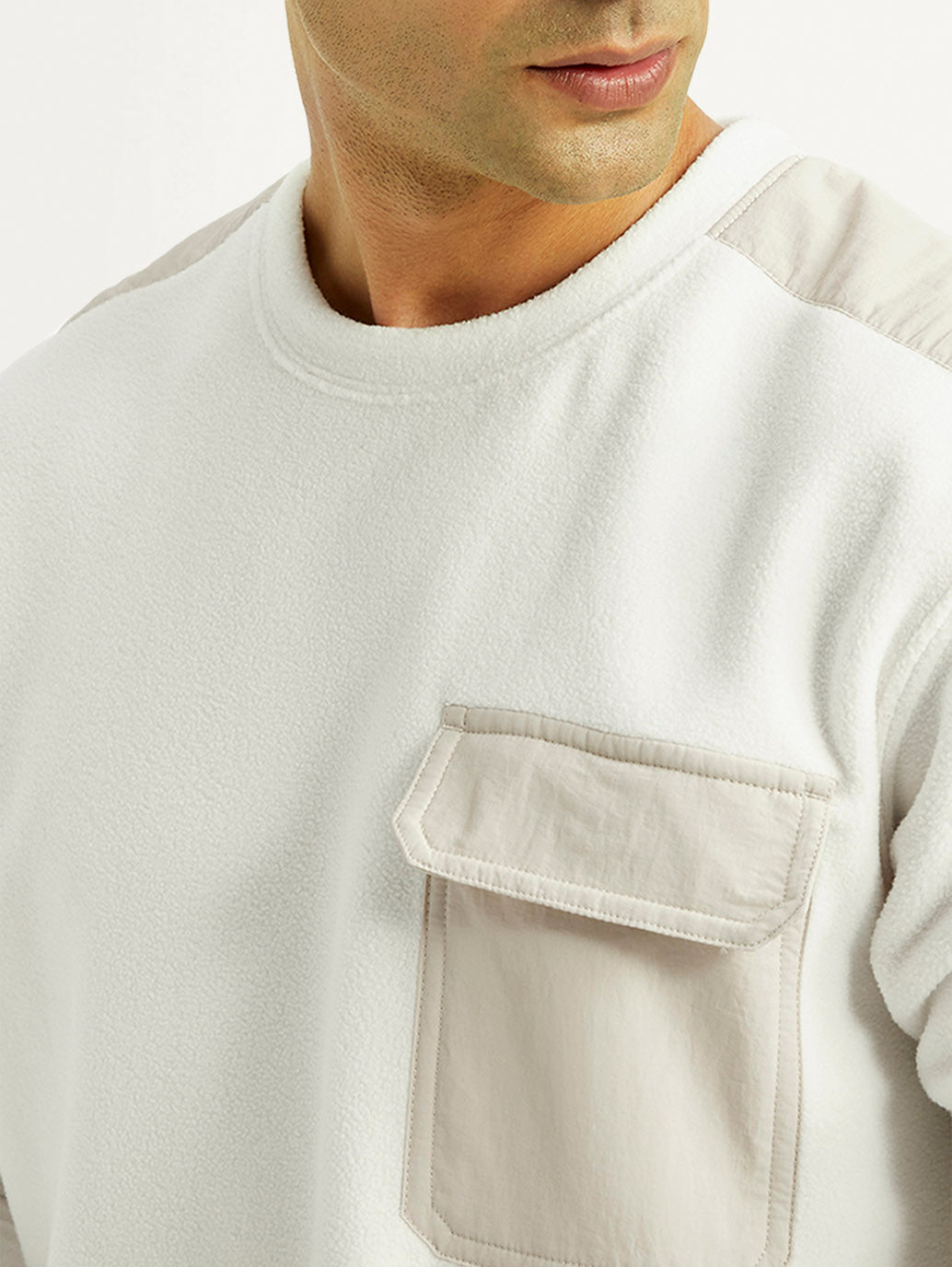 Men's Colorblock White Crew Neck Sweatshirt - Detail View