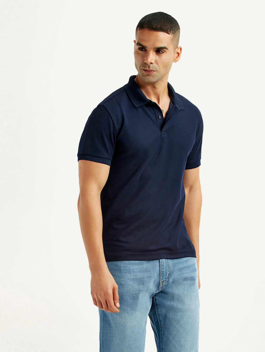 Men's Solid Navy Blue Polo T-Shirt - Styleshot View