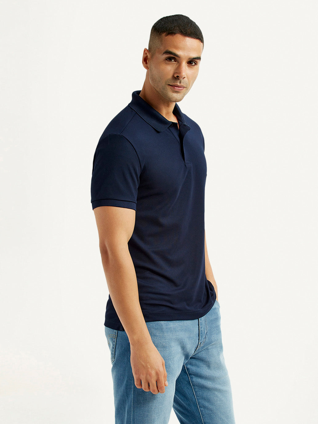 Men's Solid Navy Blue Polo T-Shirt - Side View