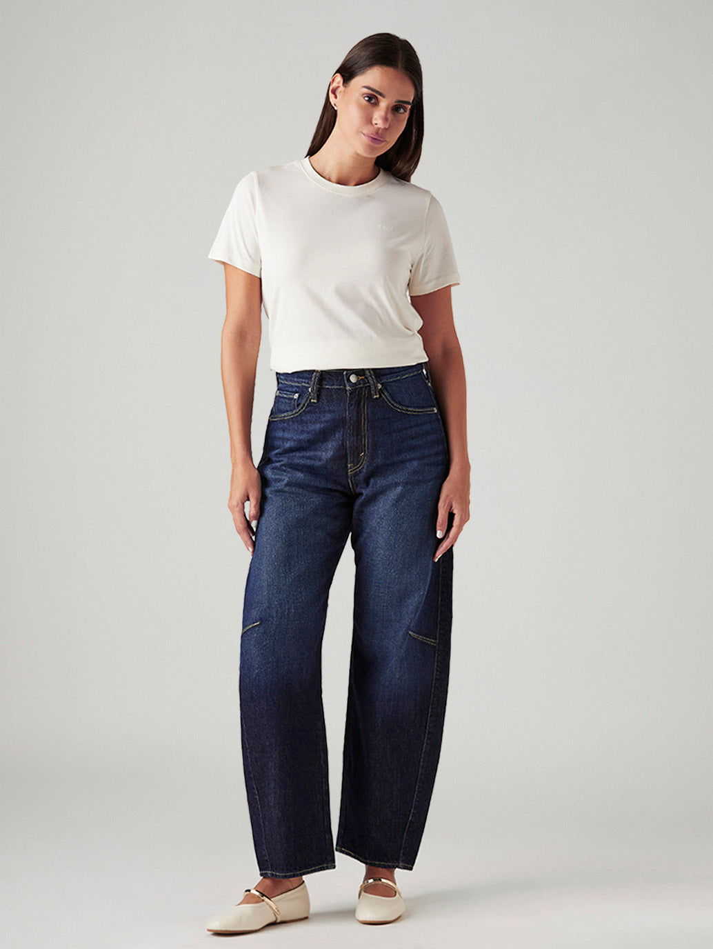 Women's Navy Cinch Baggy Dad Barrel Mid Rise Jeans - Front View