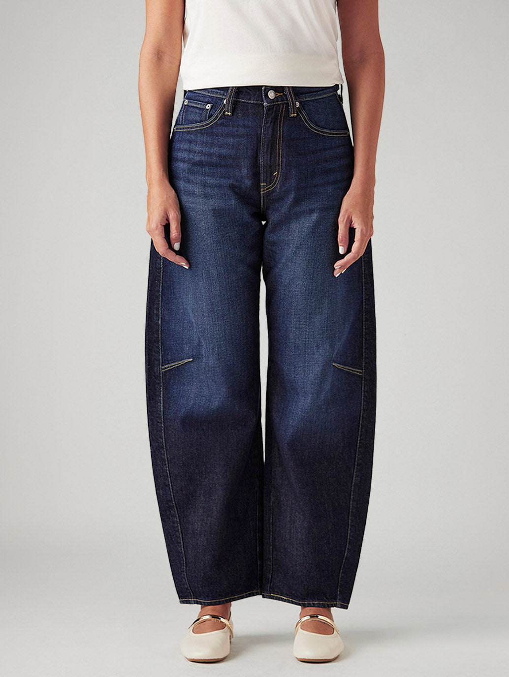 Women's Navy Cinch Baggy Dad Barrel Mid Rise Jeans - Front View