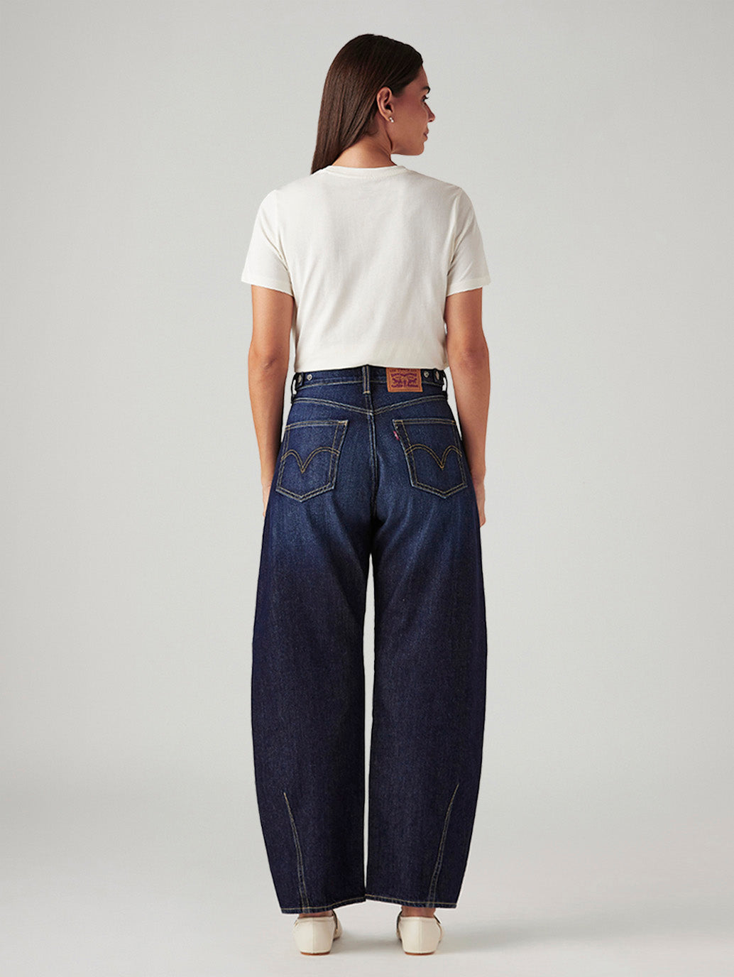 Women's Navy Cinch Baggy Dad Barrel Mid Rise Jeans - Back View