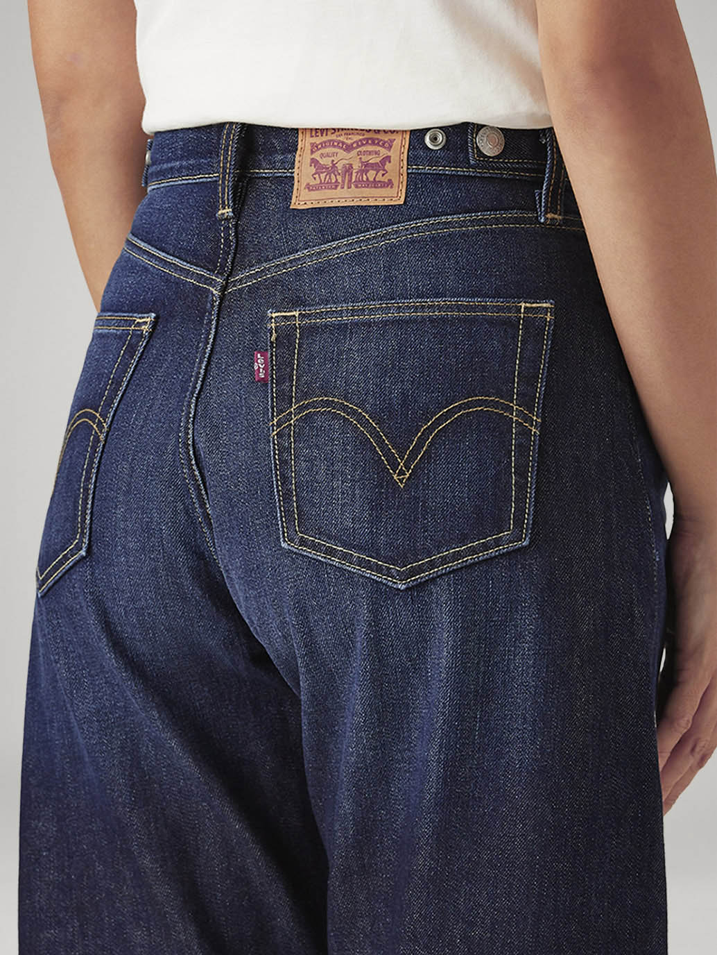 Women's Navy Cinch Baggy Dad Barrel Mid Rise Jeans - Detail View