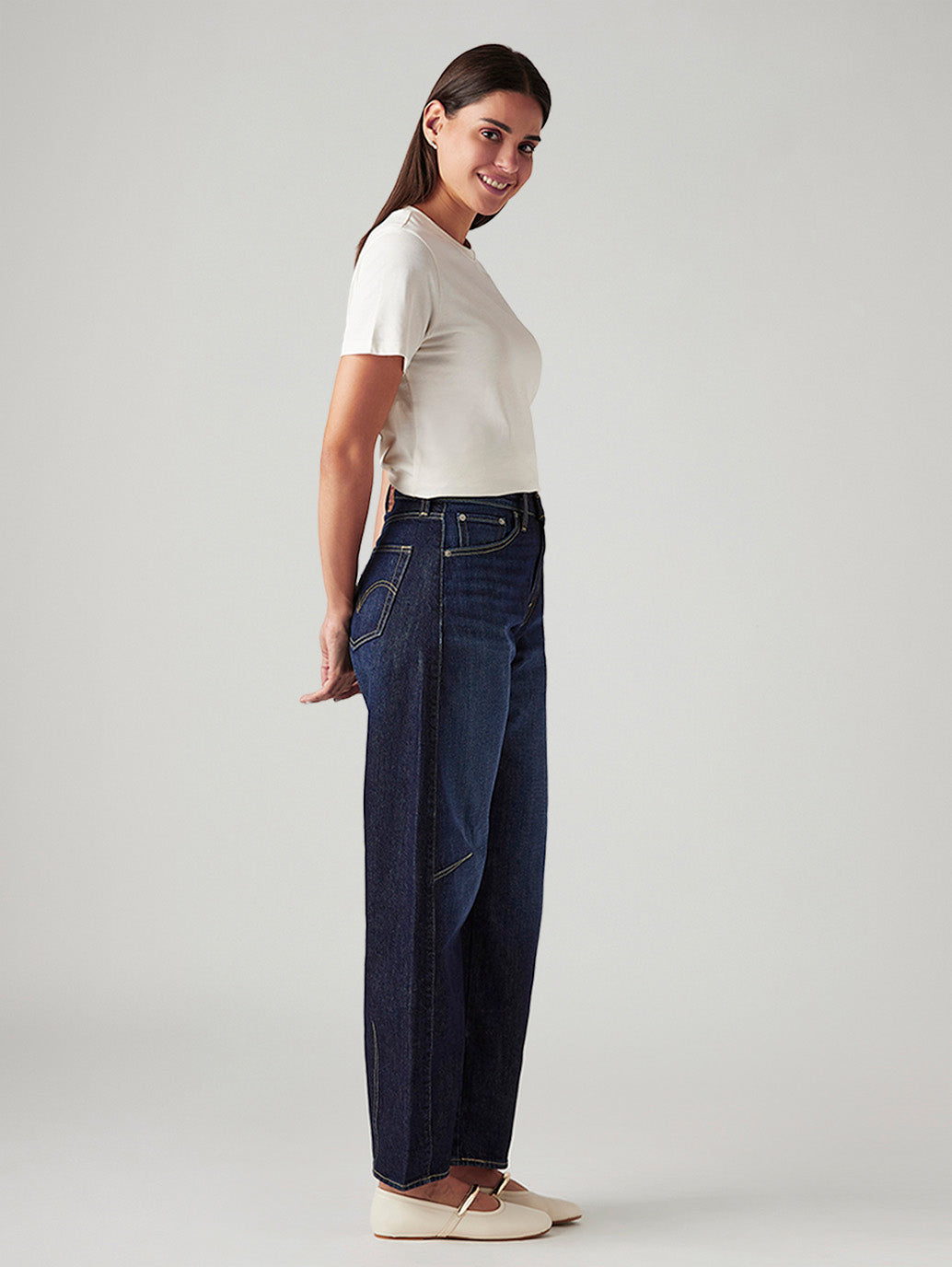 Women's Navy Cinch Baggy Dad Barrel Mid Rise Jeans - Side View