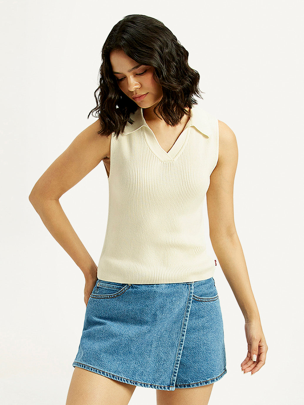 Women's Self Design Off White Polo Collar Top - Styleshot View