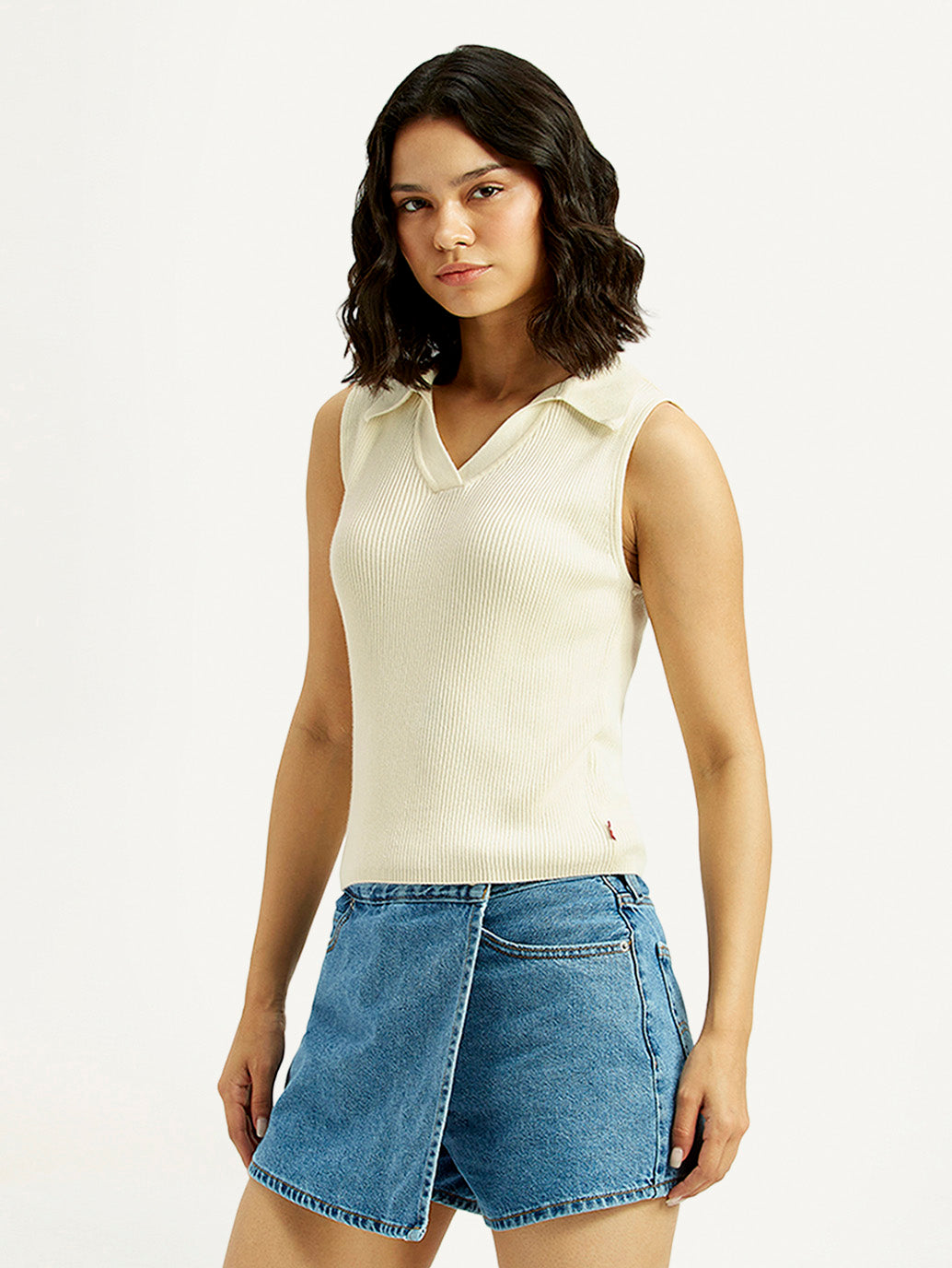 Women's Self Design Off White Polo Collar Top - Side View