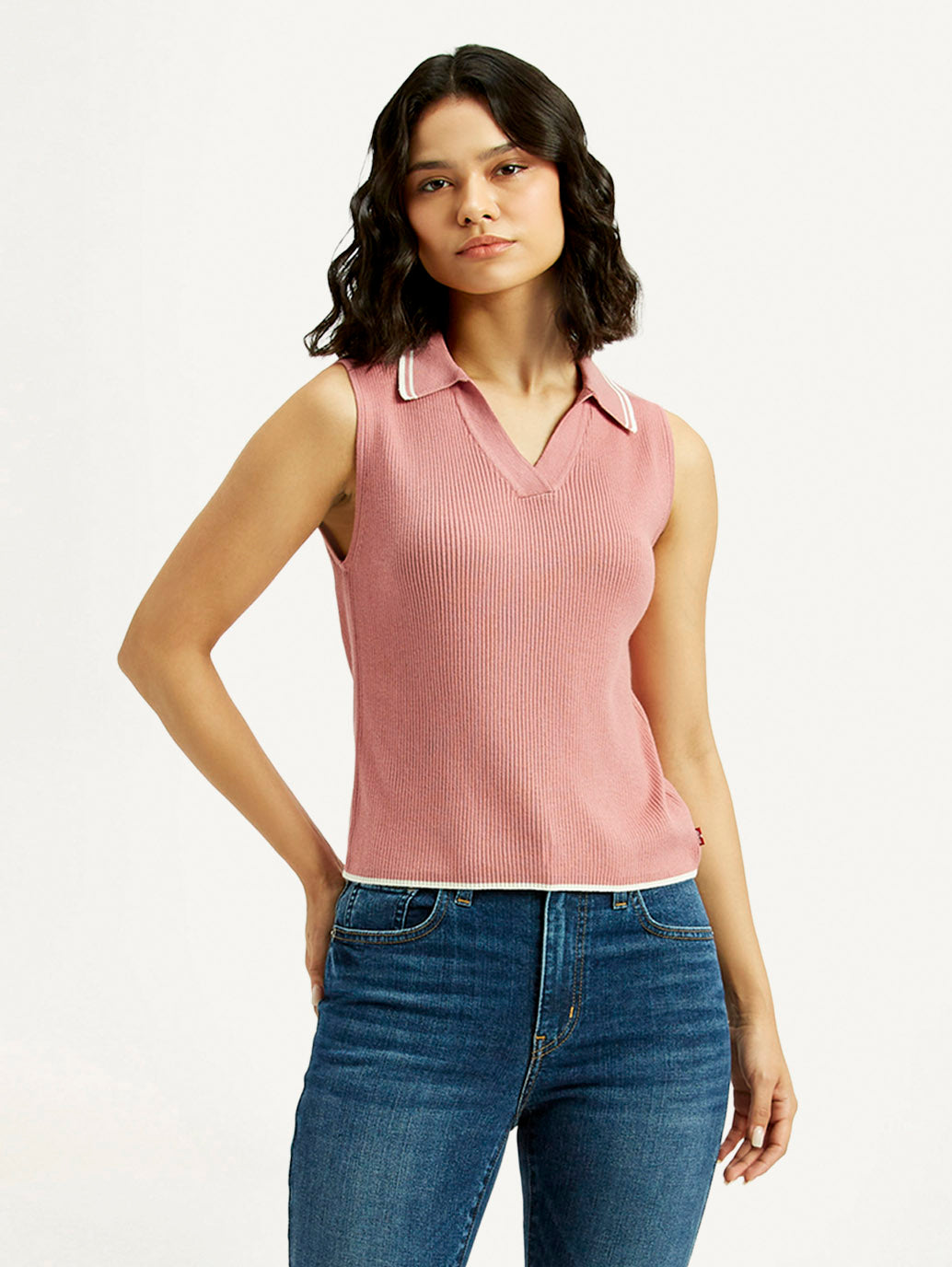 Women's Self Design Pink Polo Collar Top