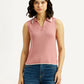 Women's Self Design Pink Polo Collar Top - Front View